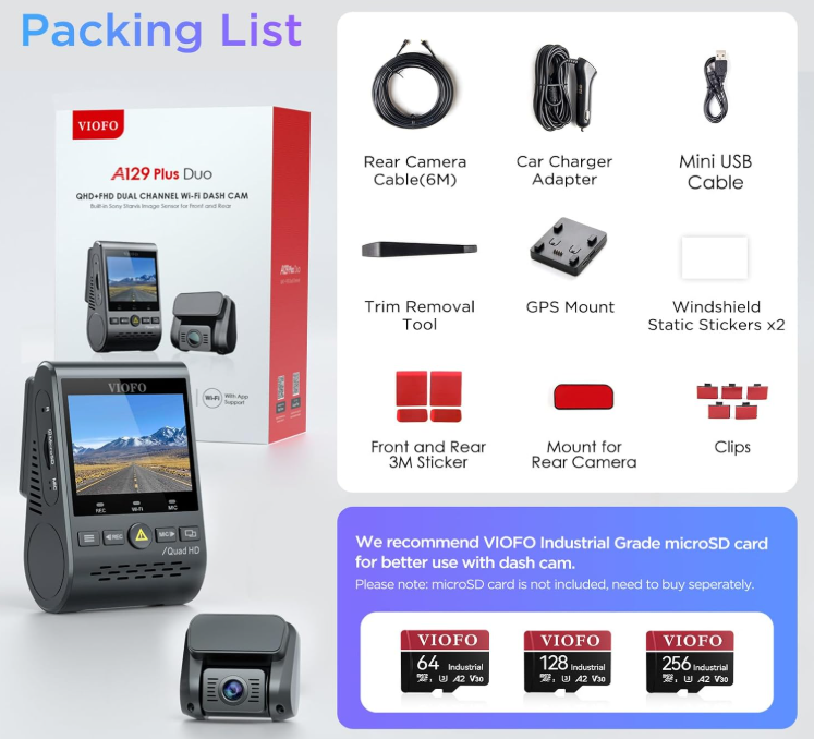 VIOFO 1080P Front & Rear Dashcam with WI-FI GPS, Parking Mode, Motion Detection