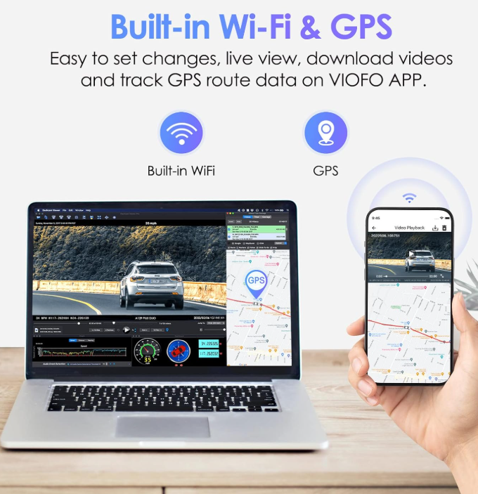 VIOFO 1080P Front & Rear Dashcam with WI-FI GPS, Parking Mode, Motion Detection
